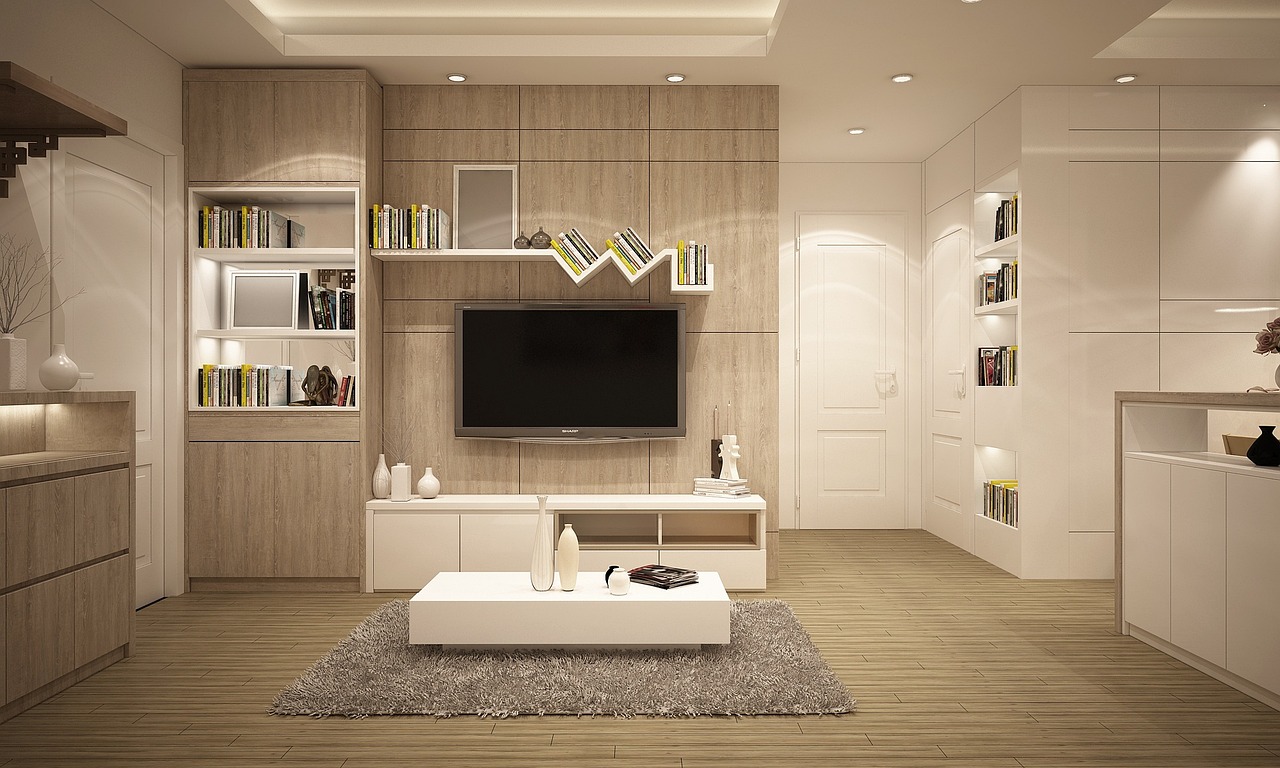 Light-wood living room with built-in cabinetry